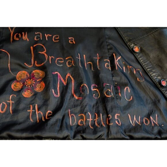 Vintage hand painted leather coat; fire, phoenix, red, gift for her sz L - Picture 6 of 12